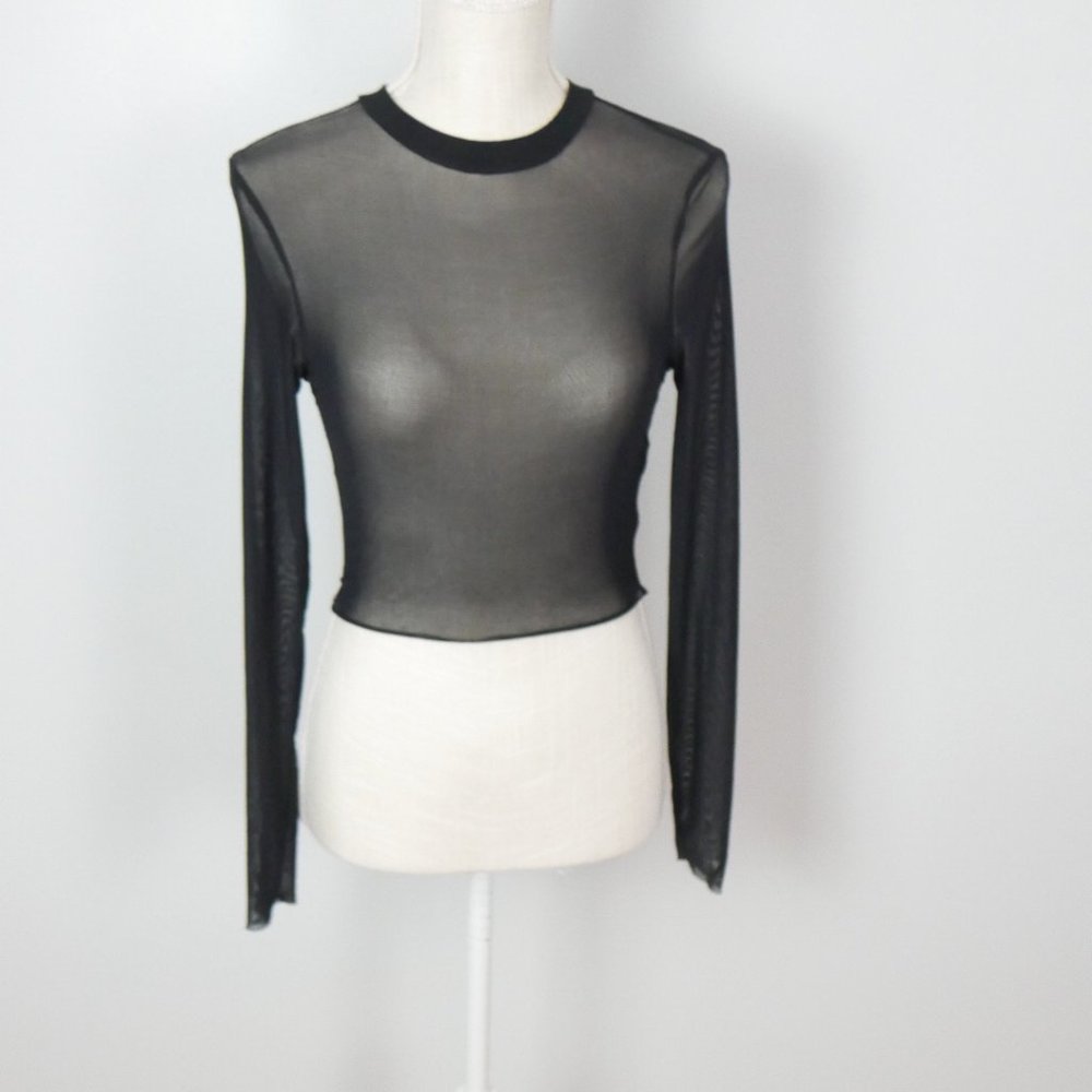 SHEIN Long Sleeve Mock Neck Cropped Black Mesh See Through Top Small